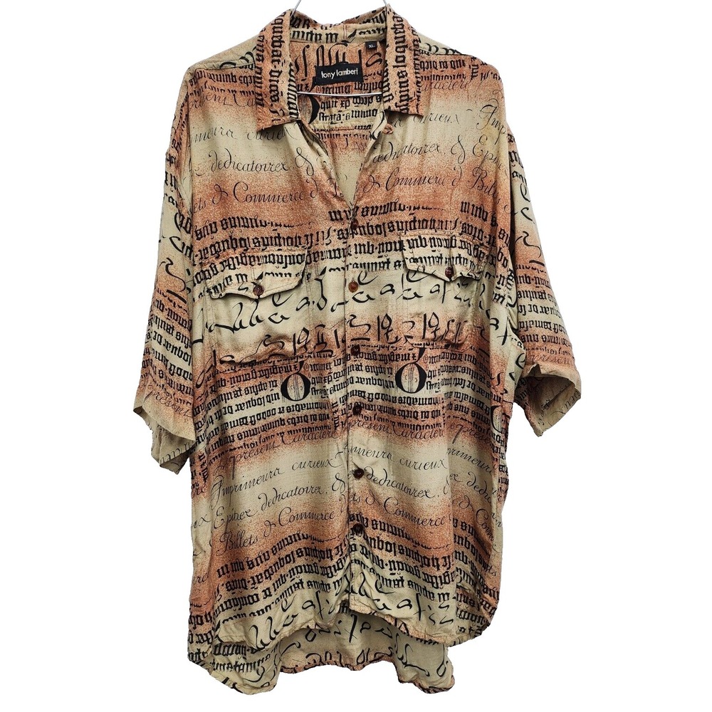 Vintage Tony Lambert Mens Shirt XL Brown Short Sleeve Button Front Allover Print